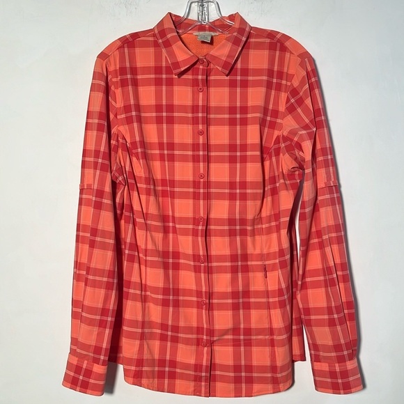 DULUTH TRADING Outdoor Hiking Cabin Vented Fishing Orange Plaid Nylon Shirt L - Picture 1 of 16